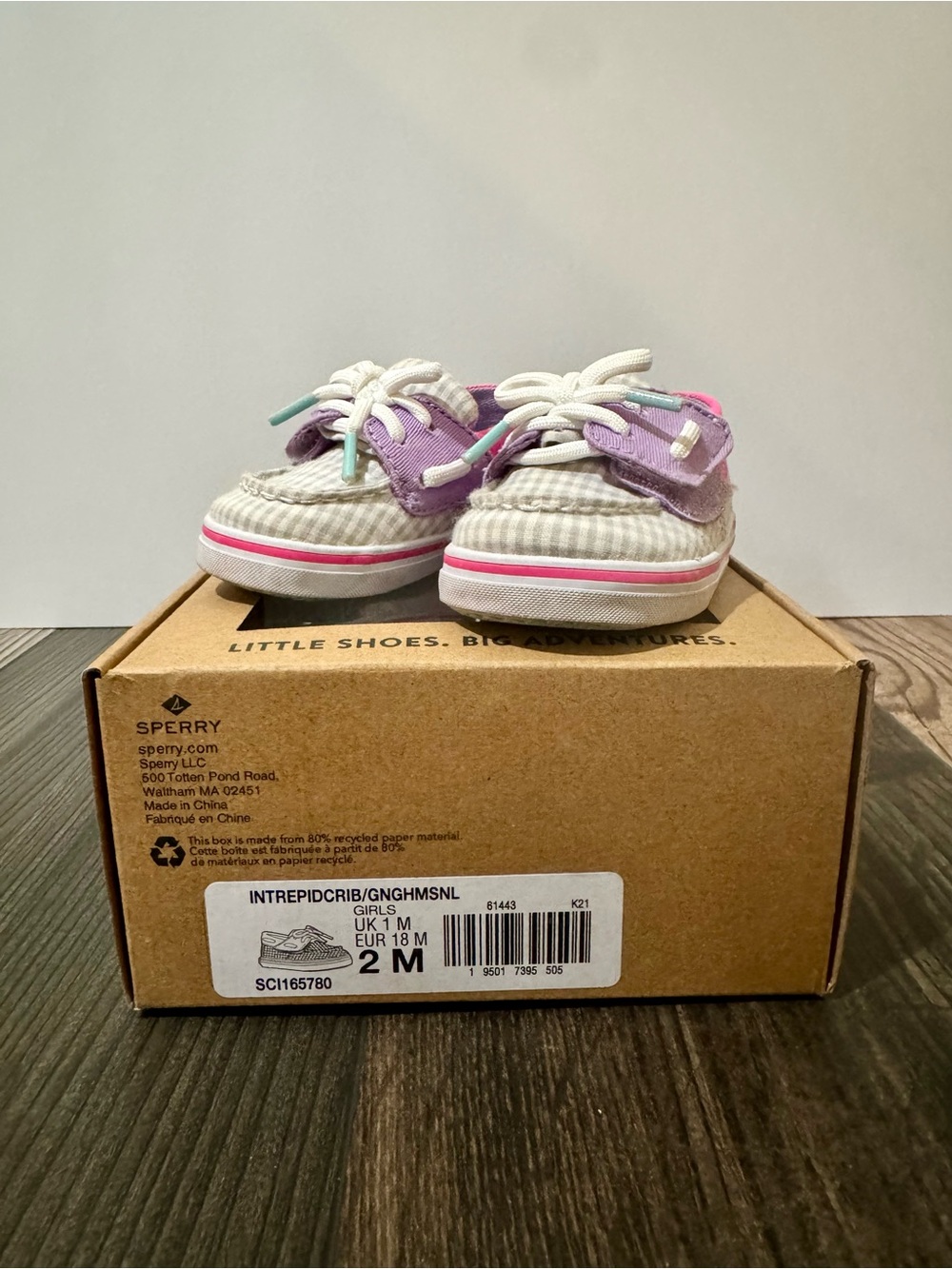 Sperry Intrepid Crib Gingham Boat Shoes Girls Toddler Size 2M Pink Purple - Picture 2 of 15